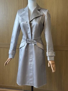 Vintage Karen Millen Trench Coat UK 8 Grey Silver Belted Satin Look Classic - Picture 1 of 16