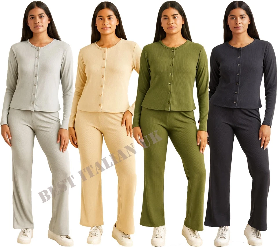 Conjunto de chándal de 2 piezas para mujer Top e inferior cuello redondo botones conjuntos de chándal S-XL Foto 1 de 1