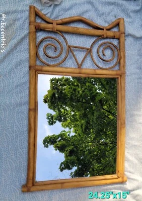 VTG RATTAN OWL WALL MIRROR MID-CENTURY REGENCY BOHO BAMBOO CANE Tiki - Image 1 of 4
