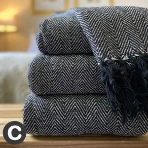 100% Cotton Charcoal Black Herringbone Large Sofa Bed Throw Blanket Fringe Tweed - Picture 1 of 6