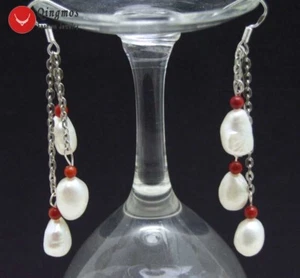 7-9mm Baroque Natural Freshwater White Pearl Earrings for Women Dangle Earring - Picture 1 of 4