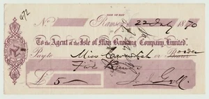 To the Agent of the Isle of Man Banking Co £5 Ramsey to Miss Cavendish 1870 used - Picture 1 of 3