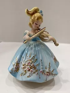 Josef Originals Girl Playing Violin Music Box Blue Dress With Repair - Works - Picture 1 of 7