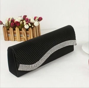 women Party Prom Bridal Wave Pleated Rhinestone Evening Clutch Bag HandBag Purse - Picture 1 of 18