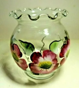 Handbemalte Blumen - klar geblasenes Glas gequetscht kleine VASE oder Kerzenhalter - signiert - Bild 1 von 5