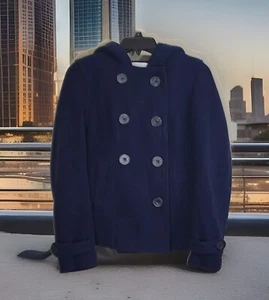Warmer zweireihiger Erbsenmantel Medium Kapuze Wollmischung Jacke schwer - Bild 1 von 12