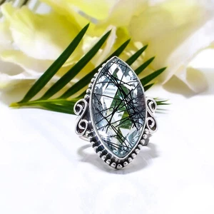 Black Rutilated Quartz  Gemstone 925 Sterling Silver Ring Oxidize Jewelry Gift. - Picture 1 of 7