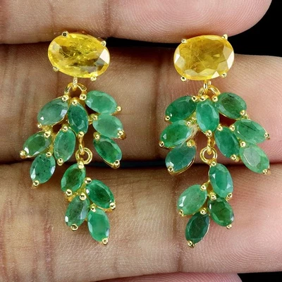 925 Sterling Silver Earrings Oval Yellow Sapphire 9x7mm Emerald Gemstone Jewelry - Image 1 of 4
