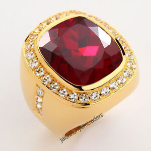 Yellow Gold Ruby Gemstone Ring Vintage Cushion Signet Ring Mens Emerald Cut Ring
