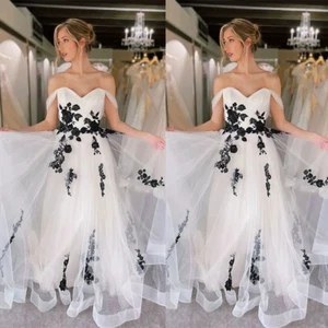 Gothic Black And White Wedding Dresses Lace Appliques Off Shoulder Bridal Gowns - Picture 1 of 7