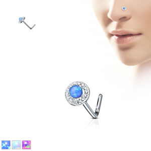 Dome Opal Centre CZ Paved Circle 316L Surgical Steel "L" Bend Nose Stud / Ring