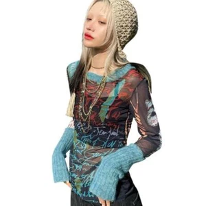 Sheer Mesh Crop Top Women Harajuku Abstract Print Long Sleeve T-Shirt Streetwear - Picture 1 of 14
