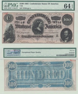 1864 $100 Confederate States Note T-65 PMG Choice CU-64 EPQ - Image 1 of 3
