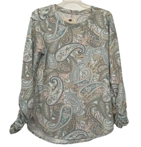 Cupio Pastel Paisley Jersey Terry Cloth Knit Top Size XL Ruched Sleeves Stretch - Picture 1 of 7