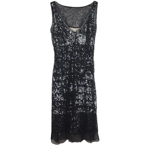 Scala Sequin Mesh Midi Sheath Dress Sleeveless Sheer Lined V-Neck Black Small - Picture 1 of 14