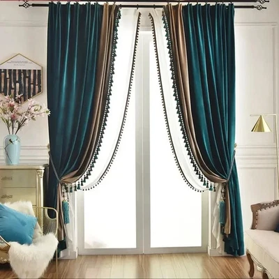 Dark Green Velvet Ready Made Drapes Curtains with tassel for Bedroom Living room - Image 1 of 4