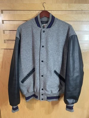 Vintage Delong Varsity Wool Leather Bomber Jacket Size XL Black/Gray - Image 1 of 4