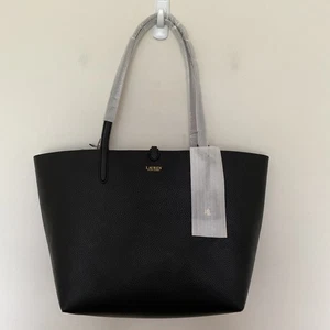 Lauren Ralph Lauren Reversible Large Tote Bag Faux Leather Black/Taupe w/Pouch - Picture 1 of 14