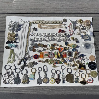 Junk Drawer Lot Silver Necklaces, Earrings, Ring. 20 Metal Rings. Pins Keychains - Image 1 of 4