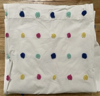 POTTERY BARN KIDS TUFTED DOT SHOWER CURTAIN 72" SQ ~ COLORFUL POM POMS ON WHITE - Image 1 of 2