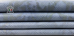 BLUE PYTHON SNAKE PRINT ON Vintage Look Calf Leather 2 skins 10+sqf 0.7mm #C6531 - Picture 1 of 7