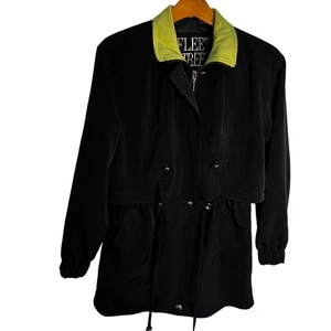 Fleet Street Black Sm Trench Coat Drawstring Waist Chartreuse Collar Rain Jacket - Picture 1 of 4