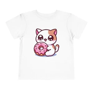Toddler Cute Kawaii Cat Holding Pink Frosted Donut Aesthetic Kids Cat T-Shirt - Picture 1 of 17
