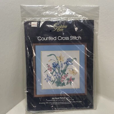Golden Bee Iris Floral Picture Counted Cross Cross Stitch Kit 60212 Flowers NIP - Image 1 of 4
