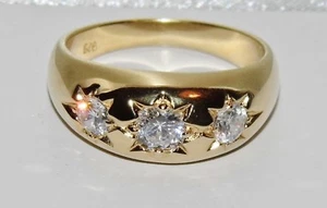 9ct Yellow Gold on Silver 3 Stone Men's Gypsy Ring P to Z + 1 -Simulated Diamond - Picture 1 of 7