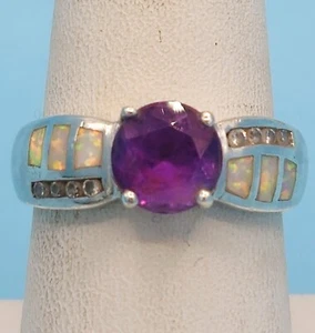 Amethyst Sterling Silver Ring Size 8 w/ Opal and Clear Accents, with Its Box - Picture 1 of 13