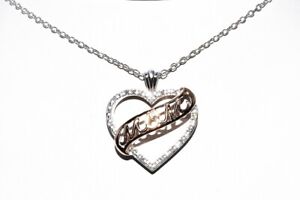 $500 .05CT NATURAL ROUND CUT WHITE DIAMOND "MOM" HEART DROP NECKLACE SILVER/10K