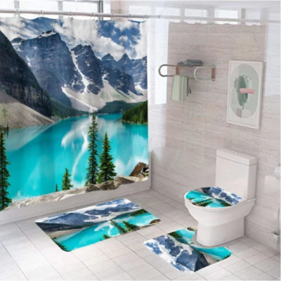Juego de alfombras de baño de paisaje cortina de ducha gruesa antideslizante alfombra de baño tapa de inodoro cubierta Foto 1 de 4