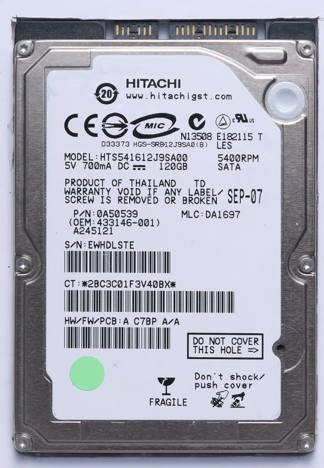 Hitachi 120GB SATA 2.5" Laptop HDD Model HTS541612J9SA00 P/N 0A50539 - Image 1 of 2