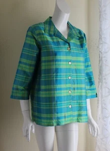 Nuovo Coldwater Creek -misura UK M Eccezionale 3/4 Verde Blu Seta Taffetà Shirt - Foto 1 di 6