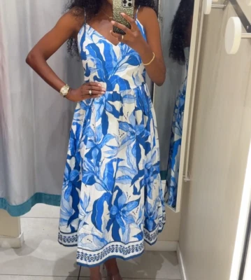 Vestido midi de algodão novo com etiquetas H&M branco/azul/estampado 1278036002 XS, S, M, L, XL - Imagem 1 de 4