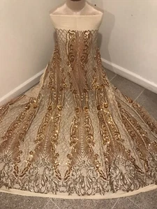 Gold 4way stretch sequin Lace fabric 50” Width Sold By The Yard - Picture 1 of 3