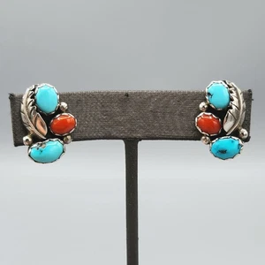 Southwest Coral & Turquoise Sterling Silver Leaf Motif Clip Earrings 5.7g - Picture 1 of 11