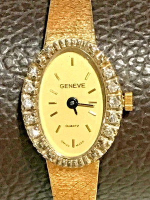 Винтажные кварцевые женские часы Geneve из желтого золота 14 карат с подлинными бриллиантами Италия работают - Изображение 1 из 4