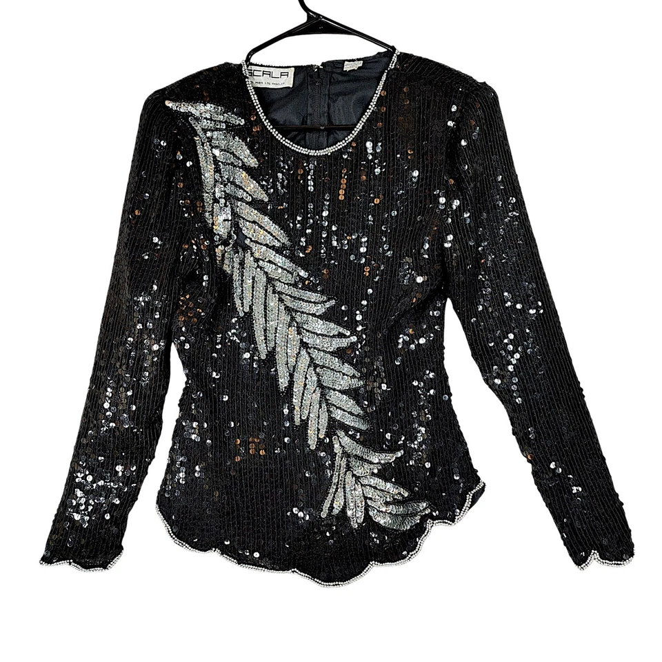 Винтажный Scala блестки шелковый топ S женщин бисером длинным рукавом черный серебряный коктейльное вечеринки - Изображение 1 из 4