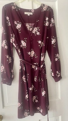 Women's Floral Print Wine Color Long Sleeve Ruffle Sleeve Self Tie Waist Dress - Image 1 of 4