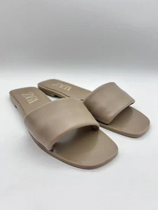 ZARA Tan Padded Leather Slide Sandals Flats Size 39 - Picture 1 of 7