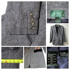 Ralph Lauren Fischgrät Blazer Damen 10 Seide Wolle Leinen Tweed grau Sakko LRL - Bild 1 von 24