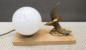 Ancienne Lampe Chevet Oiseau Régule sur Socle Marbre Globe Moucheté - Picture 1 of 12