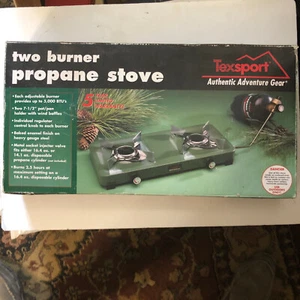 NEW TEXSPORT 14205 DOUBLE BURNER CAMPING PROPANE CAMP STOVE OPEN BOX - Picture 1 of 5