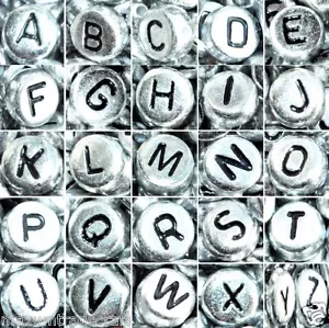 7mm flat round SILVER colour mixed & single letters acrylic Alphabet beads DIY - Picture 1 of 30