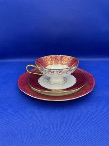 Hutschenreuther Hohenberg Germany Trio Cup Saucer & Plate Burgundy White & Gold - Picture 1 of 8