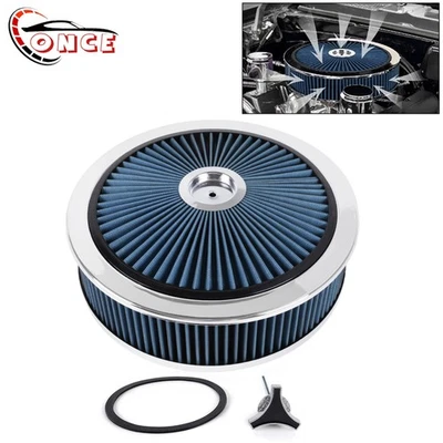 14"X4" Round BLUE Thru High Flow Washable Air Cleaner w/ Chrome Lid For SBC BBC Foto 1 de 4