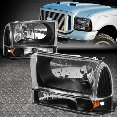 For 99-04 Ford F250 F350 F450 F550 Super Duty Excursion Black/Amber Headlights - Image 1 of 4
