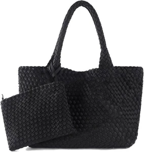 Woven Shoulder Bag Set, Large Neoprene Tote Summer Beach Handbag Black Unisex - Picture 1 of 5