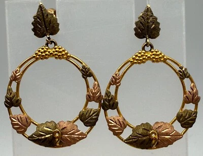VINTAGE 10K GOLD EARRINGS BLACK HILLS HOOP POST DANGLE LEAF GRAPE GRAPEVINE - Image 1 of 4
